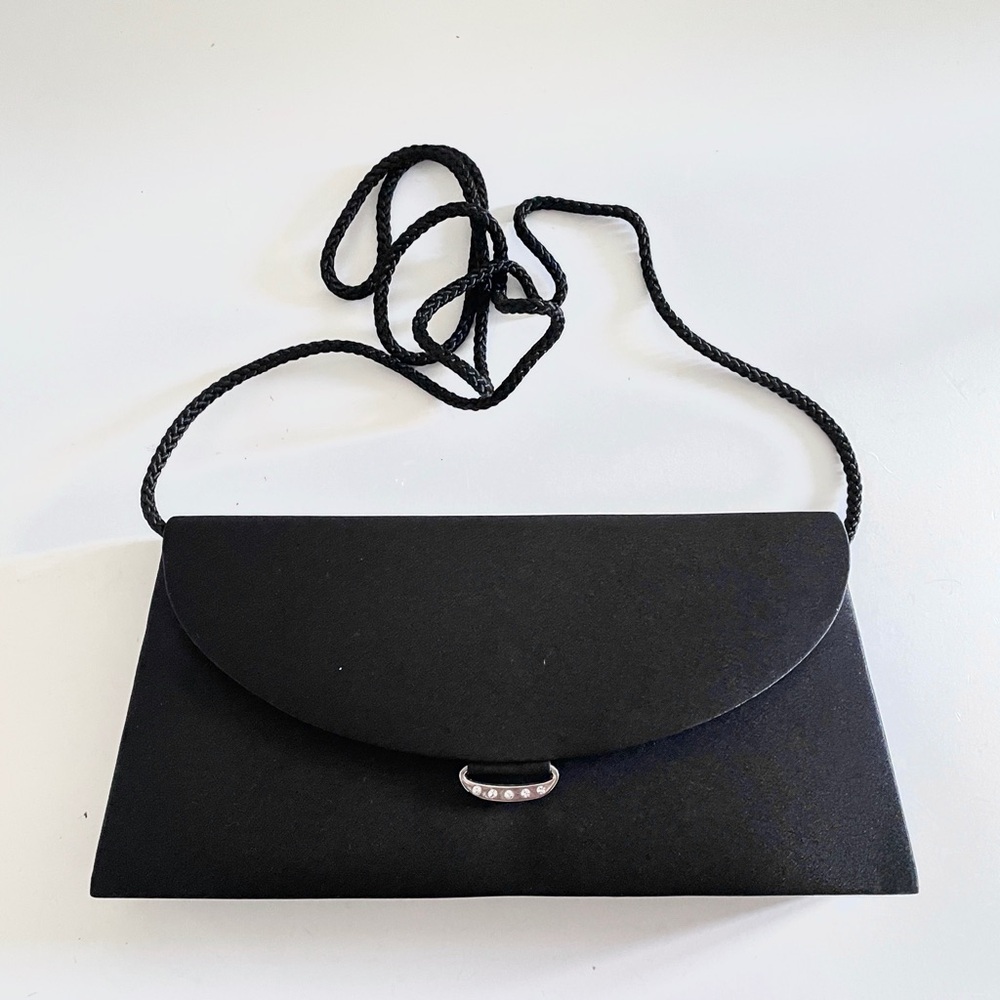 Black Satin Evening Clutch Rhinestone Flap Wedding Formal Purse Bag Whimsigoth